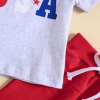 Load image into Gallery viewer, 2 Pieces Set Baby Kid Boys Independence Day Letters Dinosaur Print T-Shirts And Solid Color Shorts Wholesale 23053133
