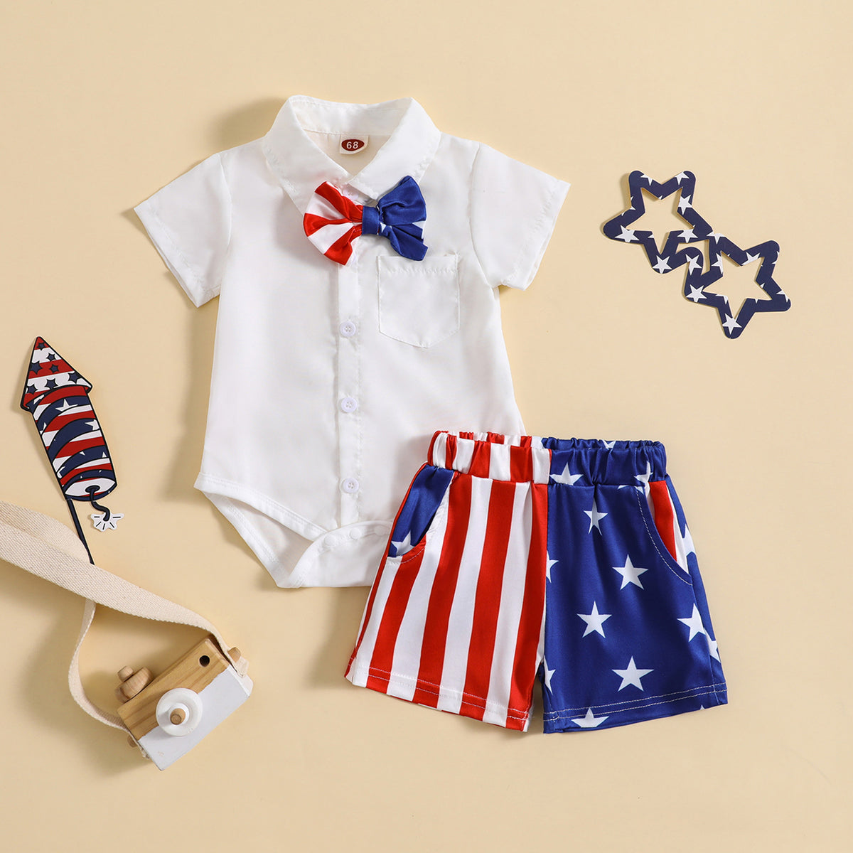 2 Pieces Set Baby Boys Independence Day Solid Color Bow Rompers And Star Shorts Wholesale 23053134