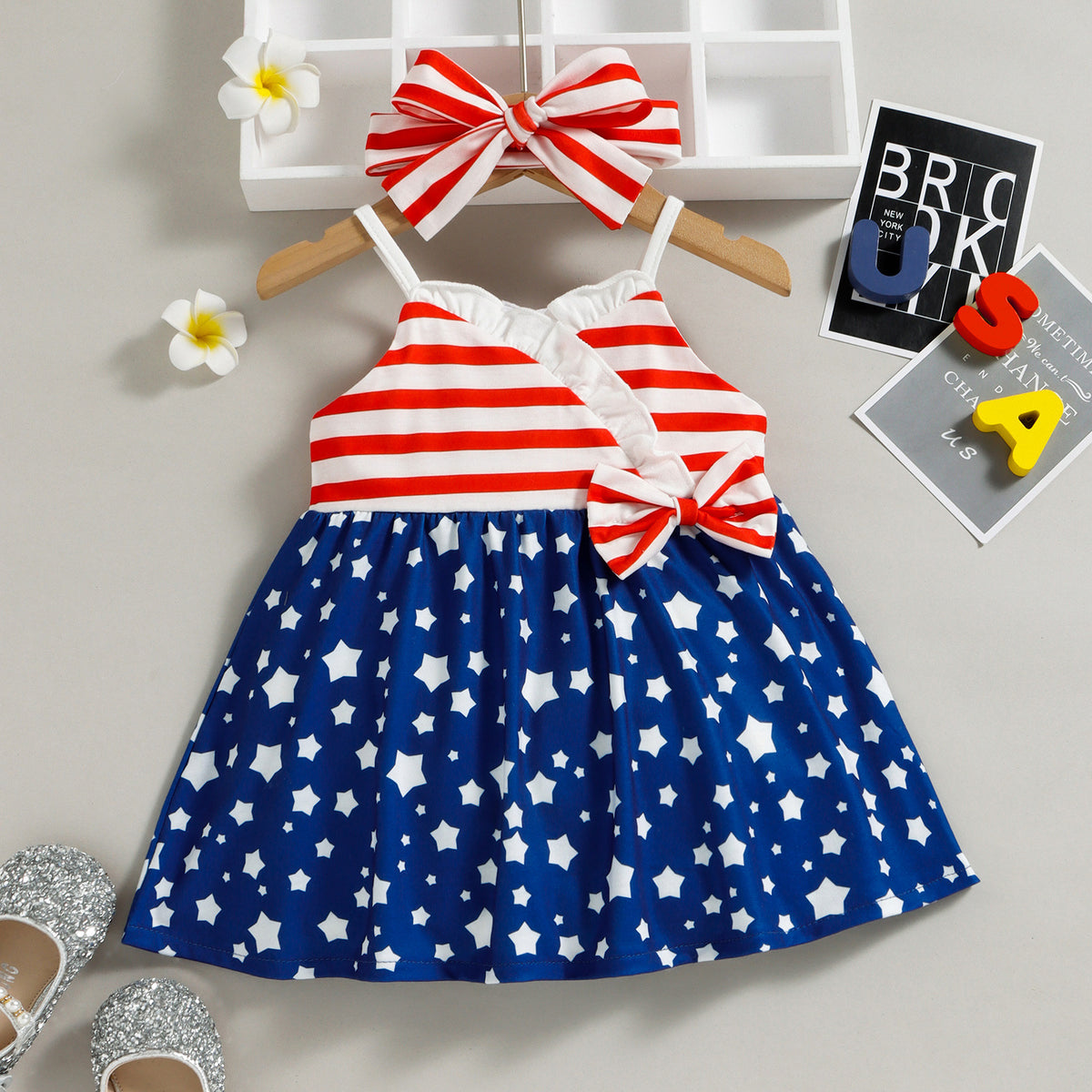 Baby Kid Girls Striped Star Independence Day Dresses Wholesale 23053136