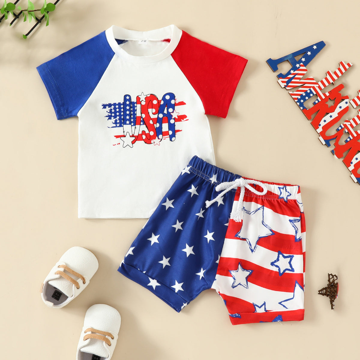 2 Pieces Set Baby Kid Boys Independence Day Letters Print T-Shirts And Star Shorts Wholesale 23053138