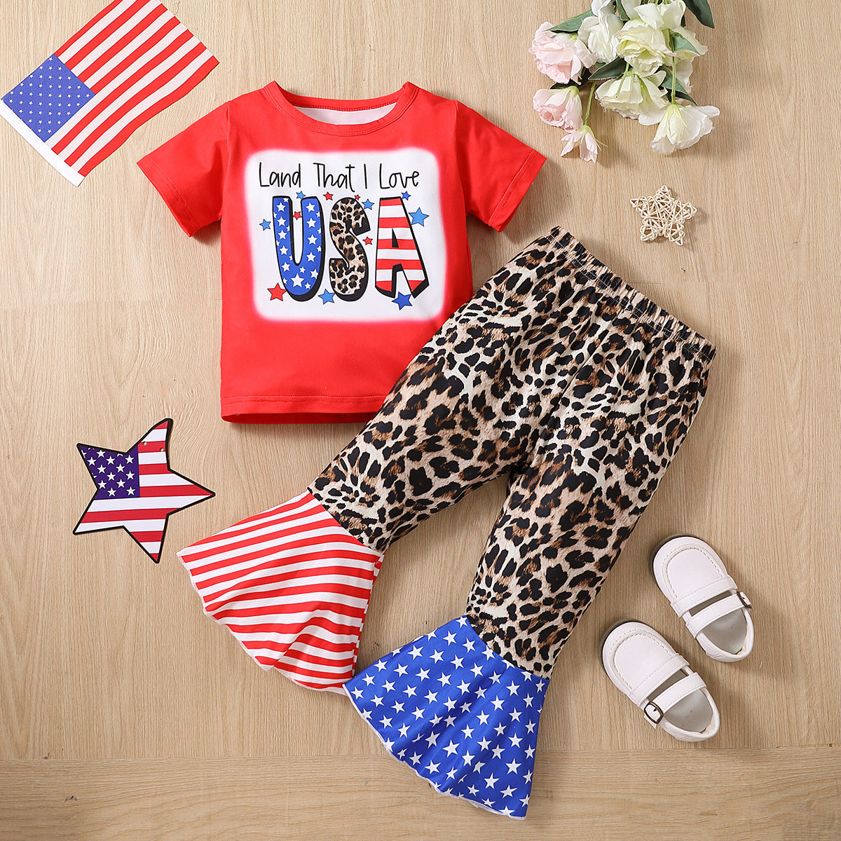 2 Pieces Set Baby Kid Girls Independence Day Letters Print T-Shirts And Leopard Pants Wholesale 23053144