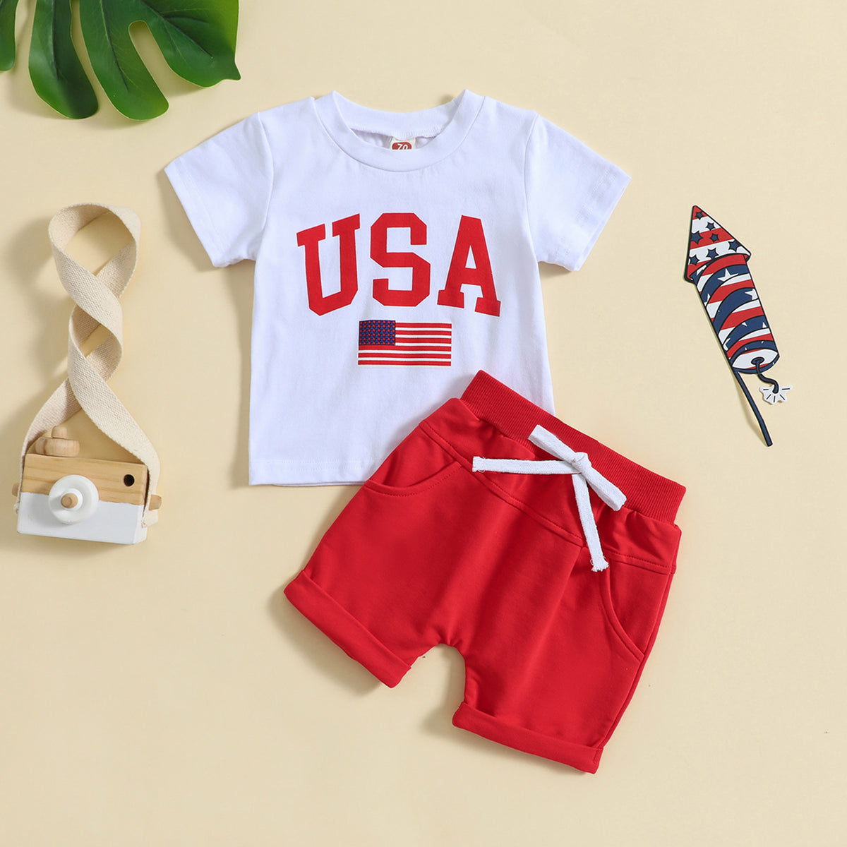 2 Pieces Set Baby Kid Unisex Independence Day Letters Print T-Shirts And Solid Color Shorts Wholesale 23053146