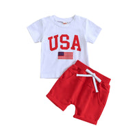 Load image into Gallery viewer, 2 Pieces Set Baby Kid Unisex Independence Day Letters Print T-Shirts And Solid Color Shorts Wholesale 23053146
