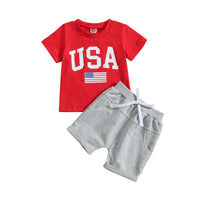 Load image into Gallery viewer, 2 Pieces Set Baby Kid Unisex Independence Day Letters Print T-Shirts And Solid Color Shorts Wholesale 23053146
