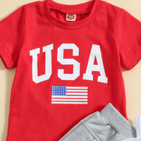 Load image into Gallery viewer, 2 Pieces Set Baby Kid Unisex Independence Day Letters Print T-Shirts And Solid Color Shorts Wholesale 23053146
