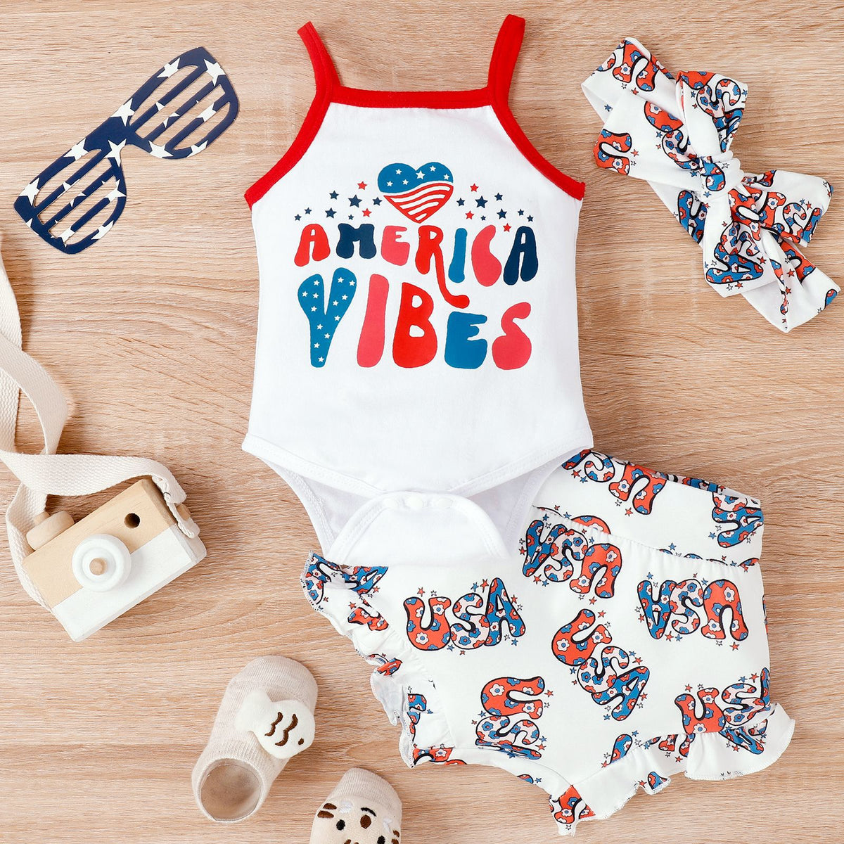 2 Pieces Set Baby Kid Girls Independence Day Letters Print Tank Tops And Star Shorts Wholesale 23053161