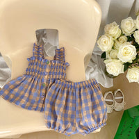 Load image into Gallery viewer, 2 Pieces Set Baby Kid Girls Color-blocking Checked Tank Tops And Shorts Wholesale 230712114

