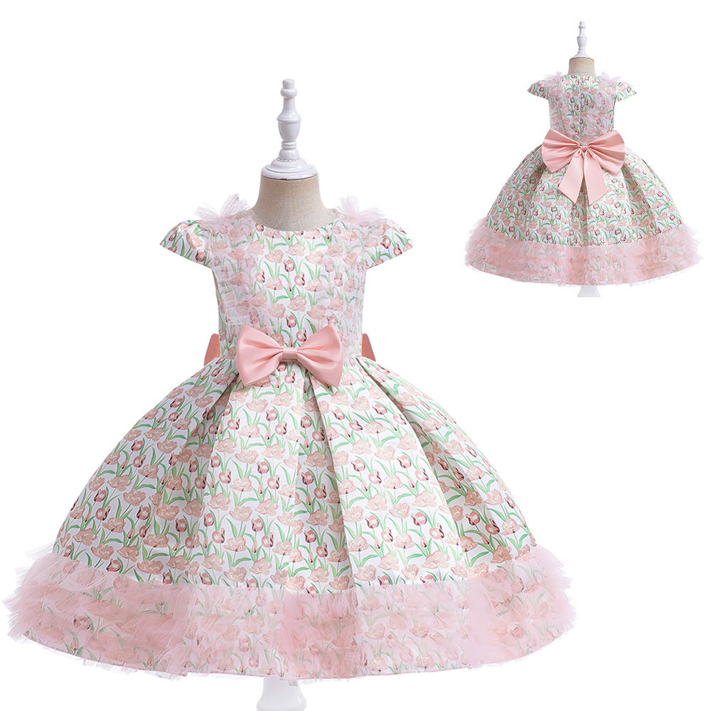 Kid Girls Flower Bow Print Dressy Princess Dresses Wholesale 230803117