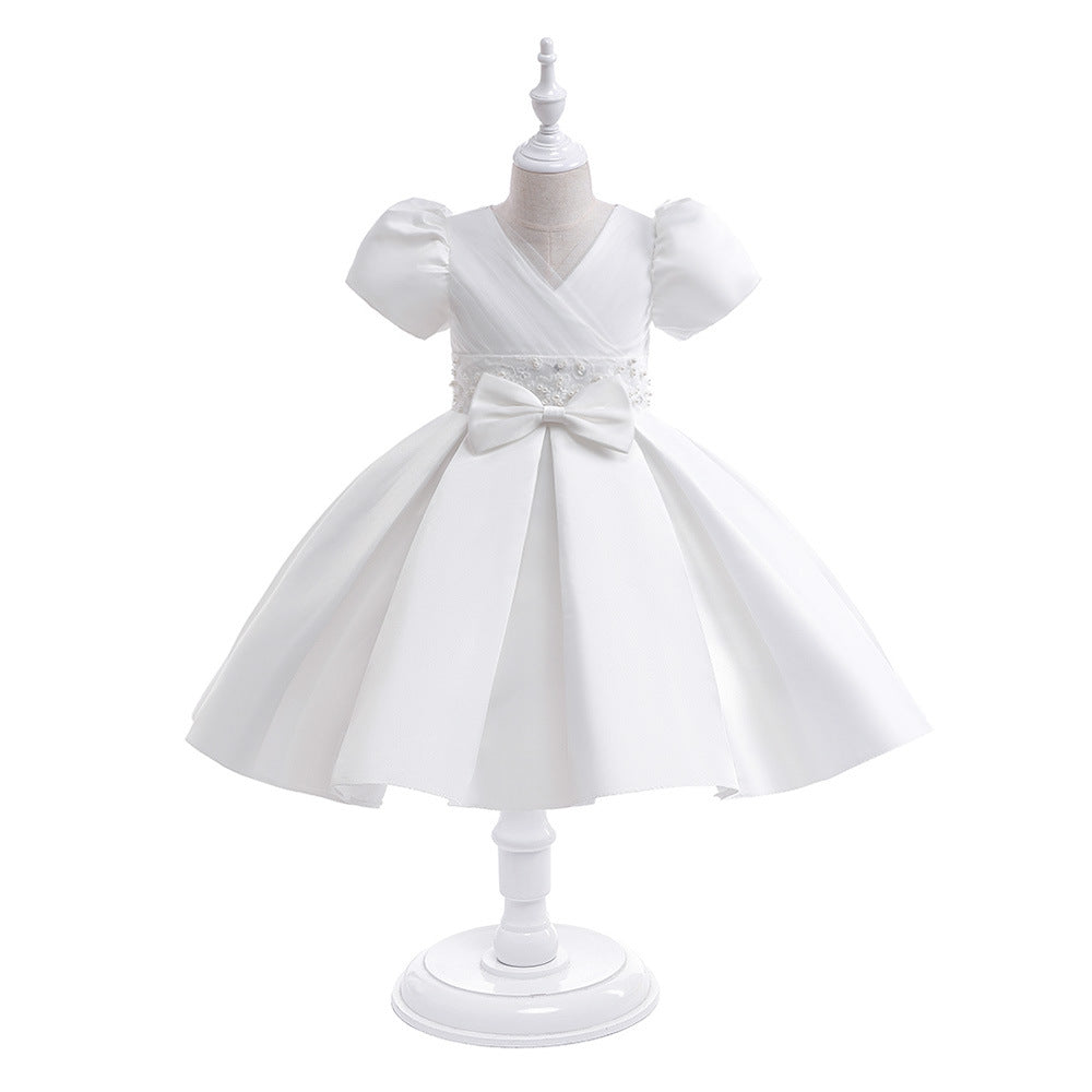 Kid Girls Solid Color Bow Dressy Princess Dresses Wholesale 230803190