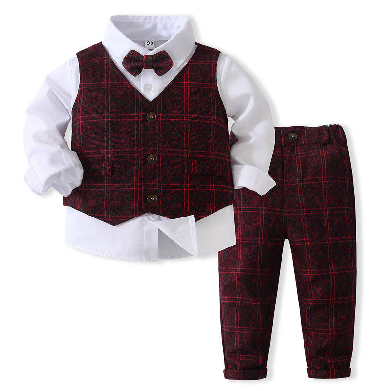 3 Pieces Set Baby Kid Boys Solid Color Shirts Checked Vests Waistcoats And Pants Wholesale 23082802