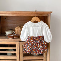 Load image into Gallery viewer, 2 Pieces Set Baby Kid Girls Solid Color Print Tops And Flower Shorts Wholesale 230828345
