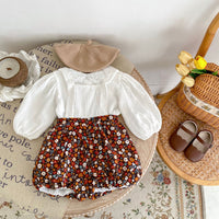 Load image into Gallery viewer, 2 Pieces Set Baby Kid Girls Solid Color Print Tops And Flower Shorts Wholesale 230828345
