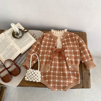 Load image into Gallery viewer, Baby Kid Girls Color-blocking Checked Bow Cardigan Rompers Wholesale 230828349
