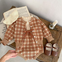 Load image into Gallery viewer, Baby Kid Girls Color-blocking Checked Bow Cardigan Rompers Wholesale 230828349
