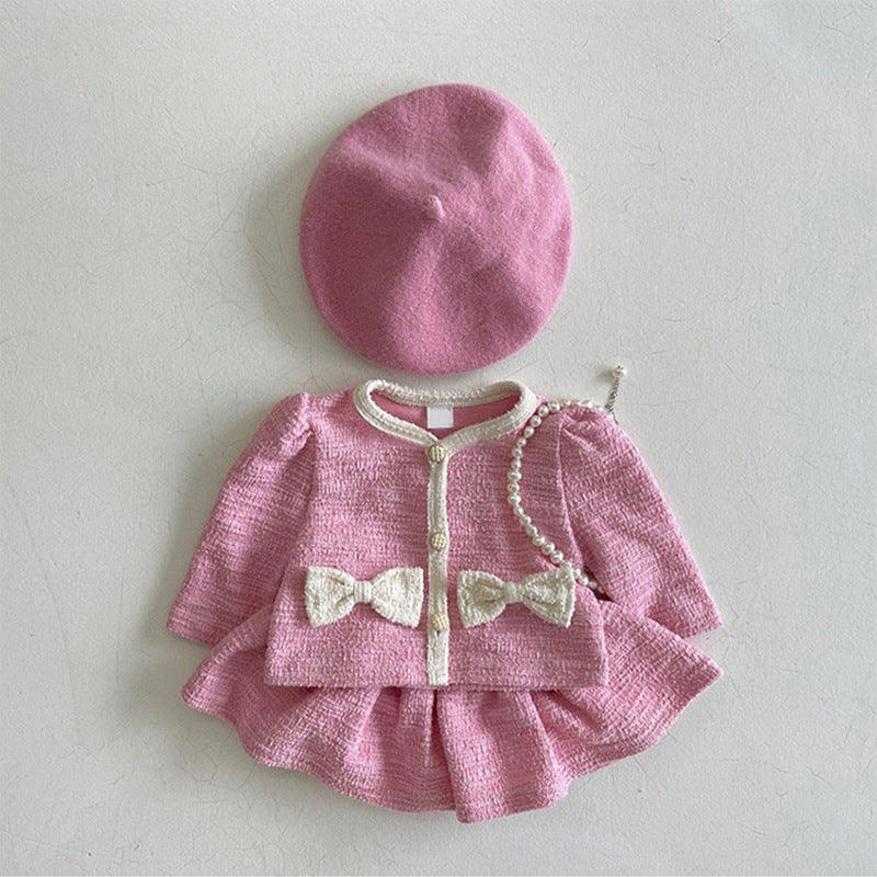 2 Pieces Set Baby Kid Girls Solid Color Bow Jackets Outwears And Skirts Wholesale 230828393