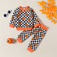 Load image into Gallery viewer, 2 Pieces Set Baby Kid Girls Halloween Color-blocking Checked Print Hoodies Swearshirts And Pants Wholesale 23090637
