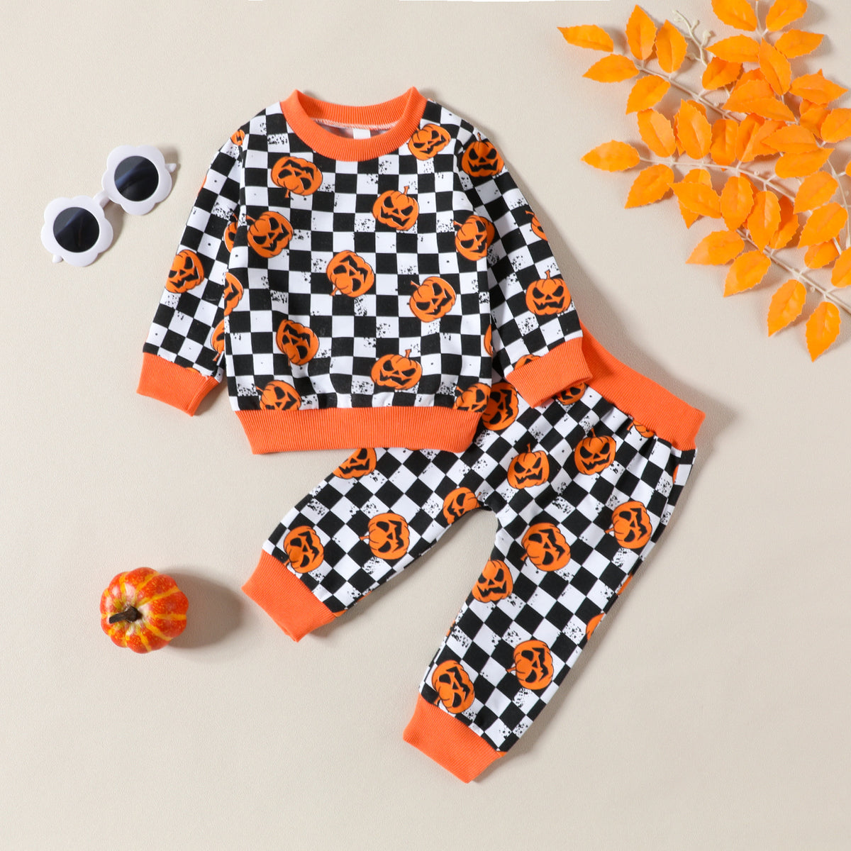 2 Pieces Set Baby Kid Girls Halloween Color-blocking Checked Print Hoodies Swearshirts And Pants Wholesale 23090637