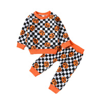 Load image into Gallery viewer, 2 Pieces Set Baby Kid Girls Halloween Color-blocking Checked Print Hoodies Swearshirts And Pants Wholesale 23090637

