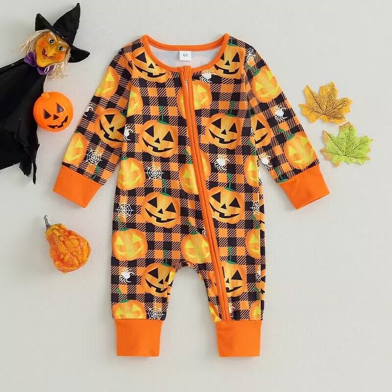 Baby Girls Boys Checked Cartoon Print Halloween Jumpsuits Wholesale 23090641