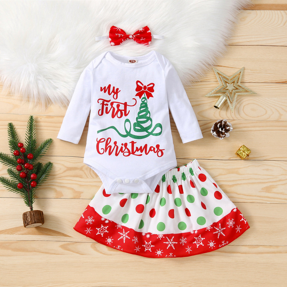 2 Pieces Set Baby Kid Girls Christmas Letters Print Rompers And Polka dots Skirts Wholesale 23101511