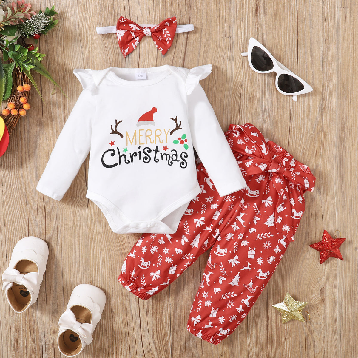 2 Pieces Set Baby Kid Girls Christmas Letters Print Rompers And Cartoon Pants Wholesale 23101515