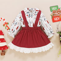 Load image into Gallery viewer, 2 Pieces Set Baby Kid Girls Christmas Plant Print Shirts And Solid Color Dresses Wholesale 23101517
