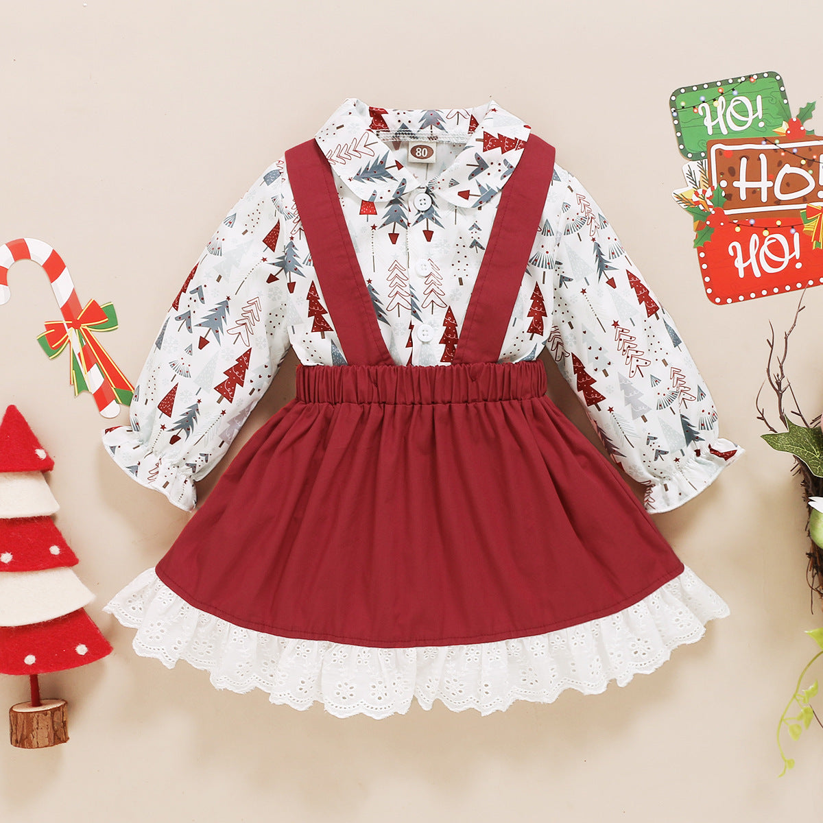 2 Pieces Set Baby Kid Girls Christmas Plant Print Shirts And Solid Color Dresses Wholesale 23101517