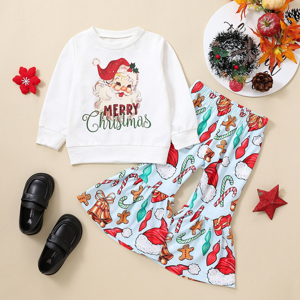 2 Pieces Set Baby Kid Girls Christmas Letters Cartoon Print Tops And Pants Wholesale 23101520