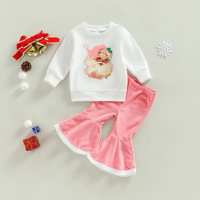2 Pieces Set Baby Kid Girls Christmas Cartoon Print Tops And Solid Color Pants Wholesale 23101522