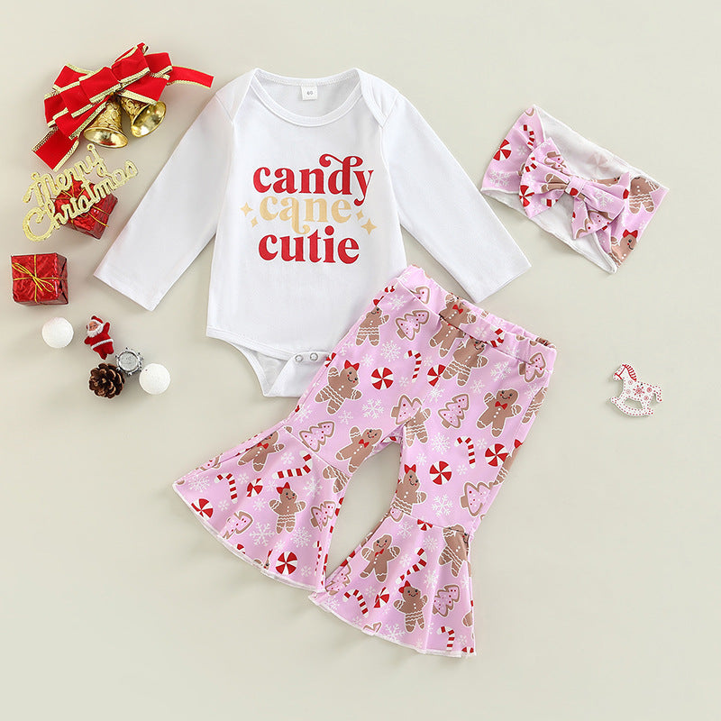 2 Pieces Set Baby Girls Christmas Letters Print Rompers And Cartoon Pants Wholesale 23101523