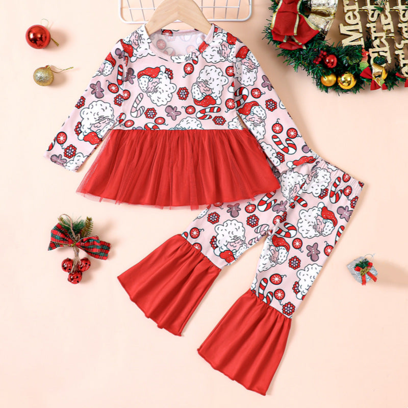 2 Pieces Set Baby Kid Girls Christmas Color-blocking Cartoon Print Tops And Pants Wholesale 23101533