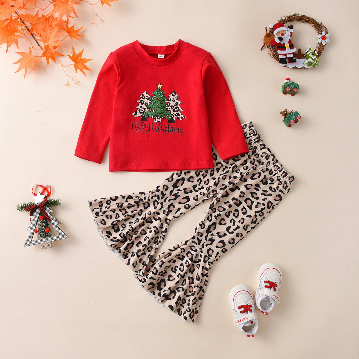 2 Pieces Set Baby Kid Girls Christmas Letters Print Tops And Leopard Pants Wholesale 23101546