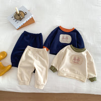 Load image into Gallery viewer, 2 Pieces Set Baby Kid Girls Boys Color-blocking Cartoon Tops And Solid Color Pants Wholesale 23101919
