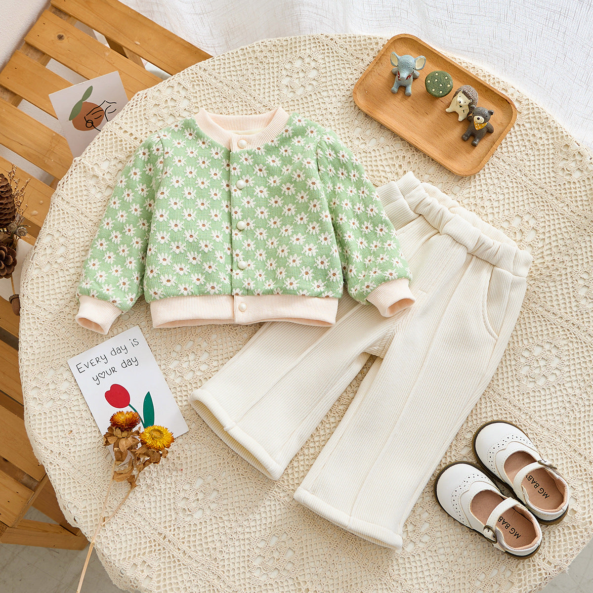 2 Pieces Set Baby Kid Girls Flower Print Cardigan And Solid Color Pants Wholesale 231019196