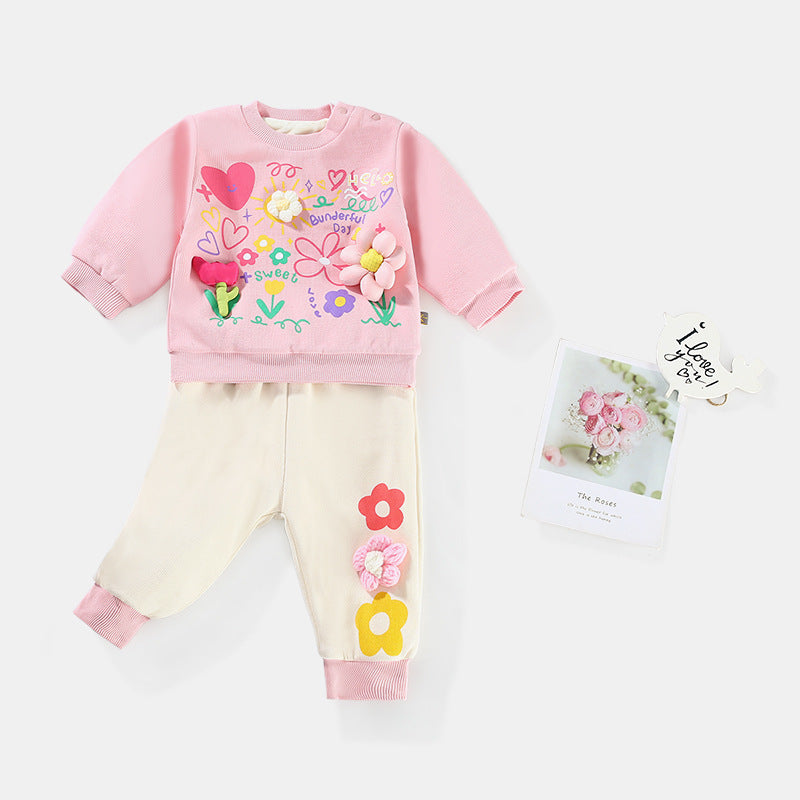 2 Pieces Set Baby Kid Girls Letters Flower Print Hoodies Sweatshirts And Pants Wholesale 231019226