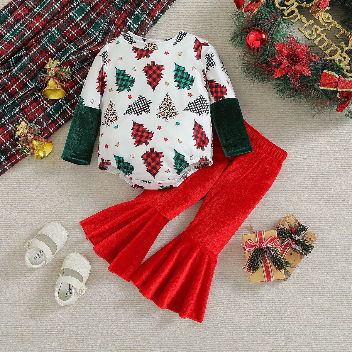 2 Pieces Set Baby Kid Girls Christmas Plant Print Rompers And Solid Color Pants Wholesale 23102001