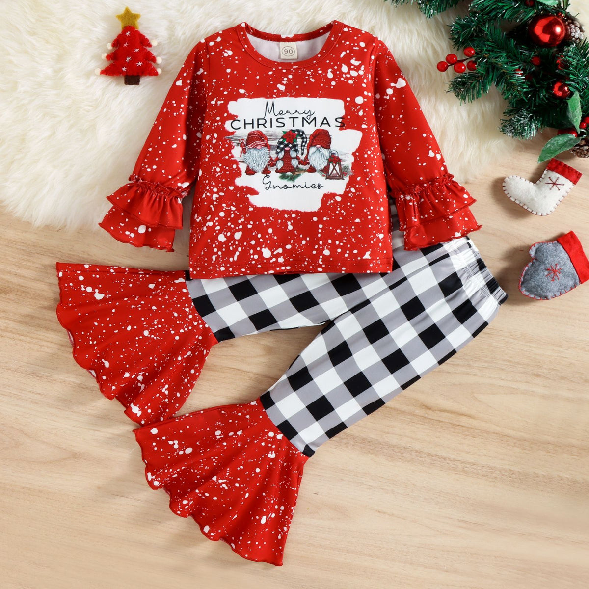 2 Pieces Set Baby Kid Girls Christmas Letters Cartoon Tops And Checked Pants Wholesale 23112812