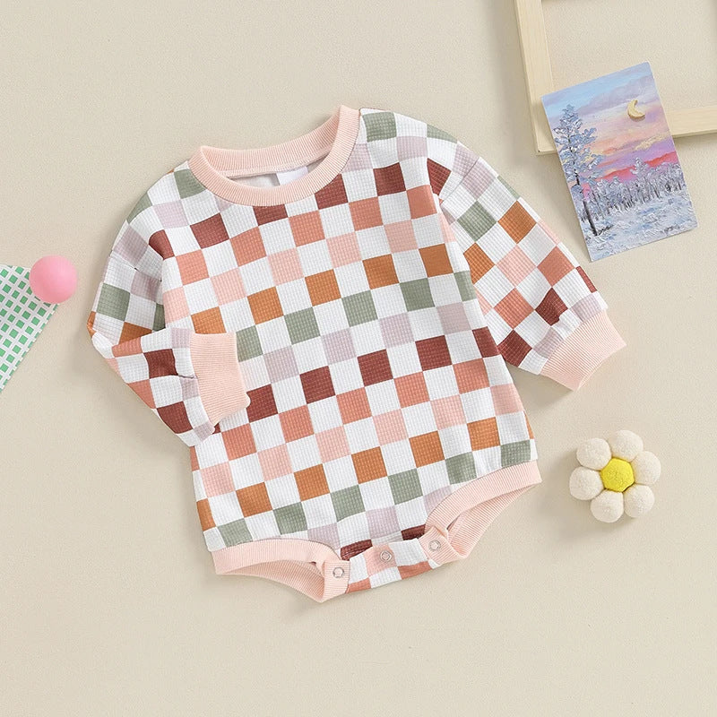 Baby Girls Color-blocking Checked Rompers Wholesale 231130309