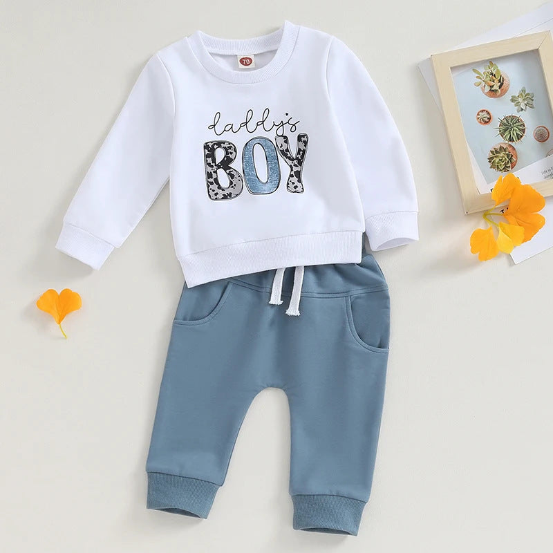 2 Pieces Set Baby Kid Boys Letters Tops Solid Color And Camo Pants Wholesale 231130320