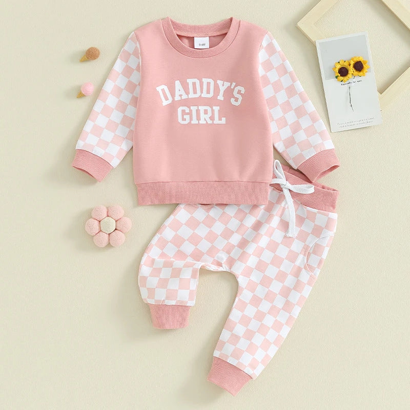 2 Pieces Set Baby Kid Girls Letters Color-blocking Tops And Checked Pants Wholesale 231130325
