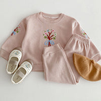 Load image into Gallery viewer, 2 Pieces Set Baby Kid Girls Flower Embroidered Tops And Solid Color Pants Wholesale 240111105
