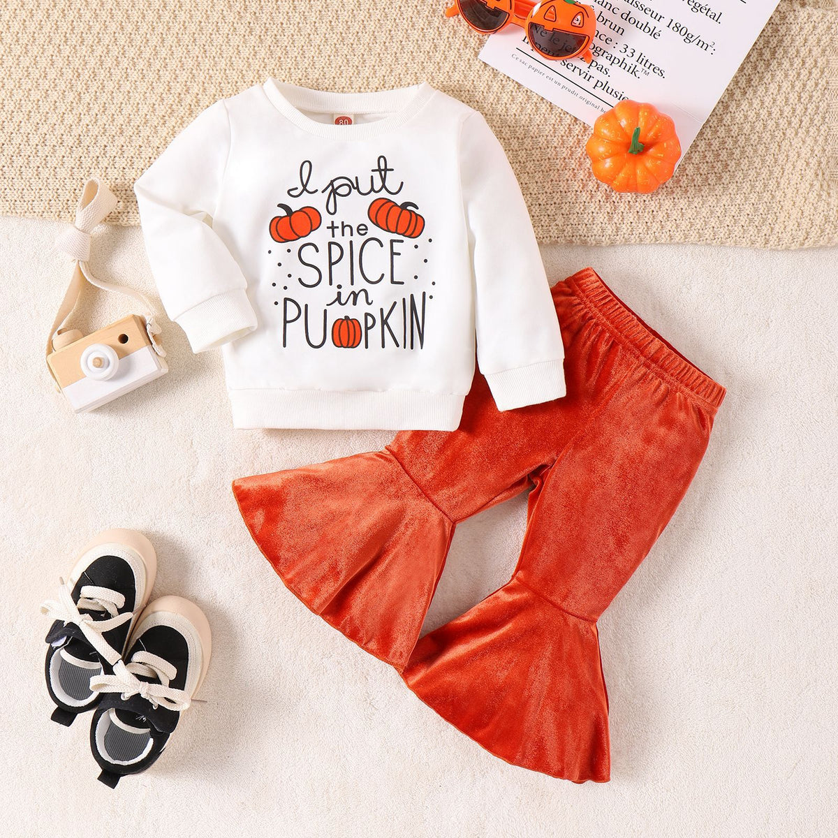 2 Pieces Set Baby Kid Girls Halloween Letters Print Tops And Solid Color Pants Wholesale 24011116
