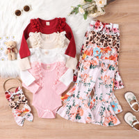 Load image into Gallery viewer, 2 Pieces Set Baby Kid Girls Solid Color Print Rompers And Flower Pants Wholesale 24011126
