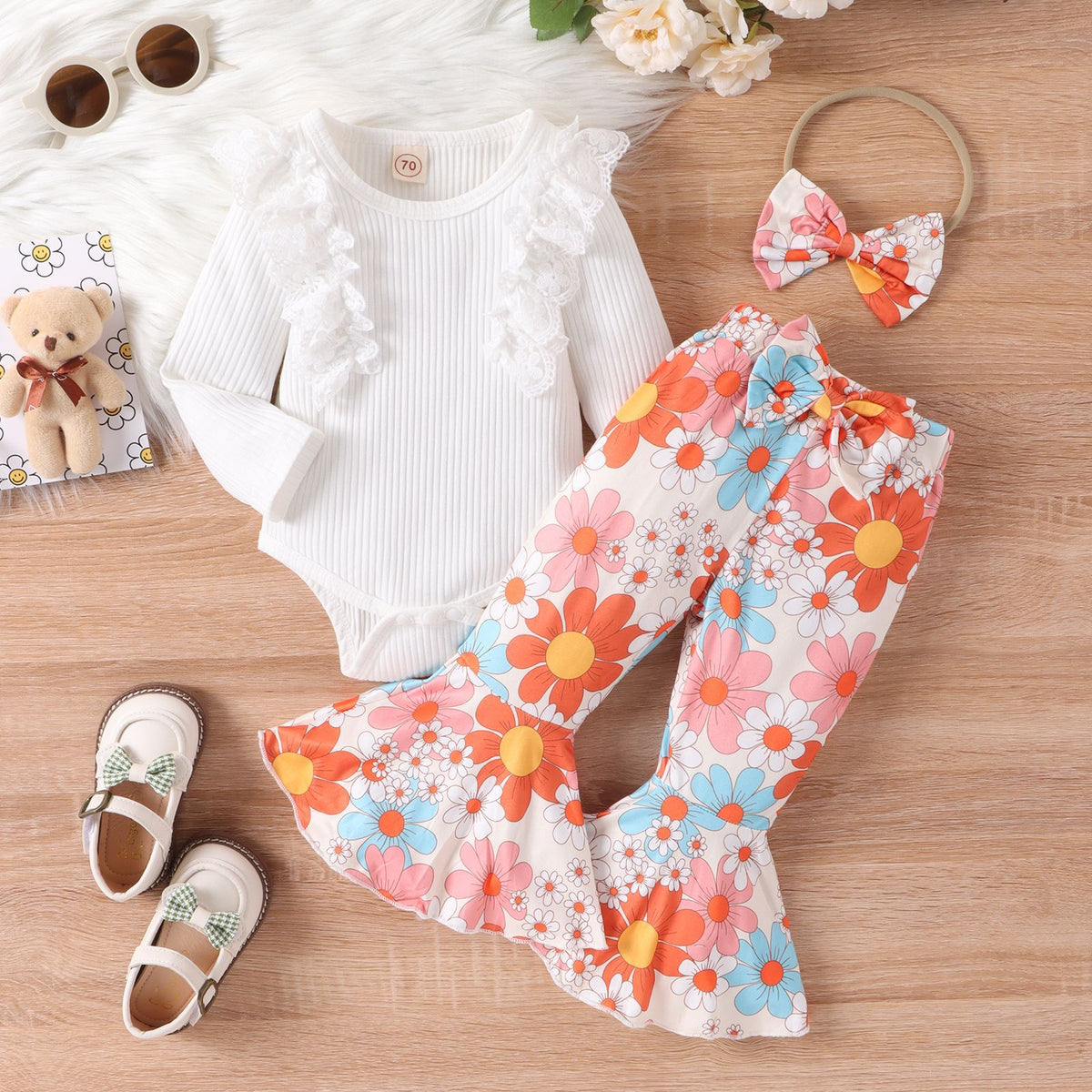 2 Pieces Set Baby Kid Girls Solid Color Print Rompers And Flower Pants Wholesale 24011126