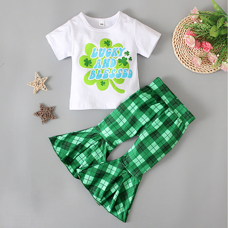 2 Pieces Set Baby Kid Girls St Patrick's Day Letters Tops And Checked Pants Wholesale 24030105