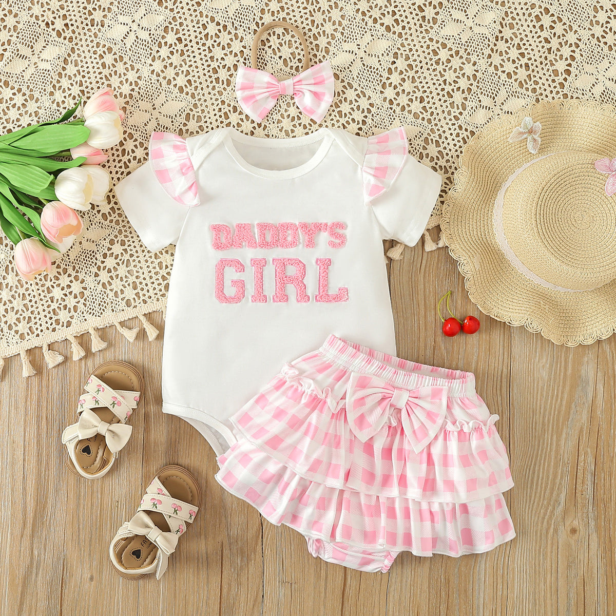 2 Pieces Set Baby Girls Letters Rompers And Checked Shorts Wholesale 240301131