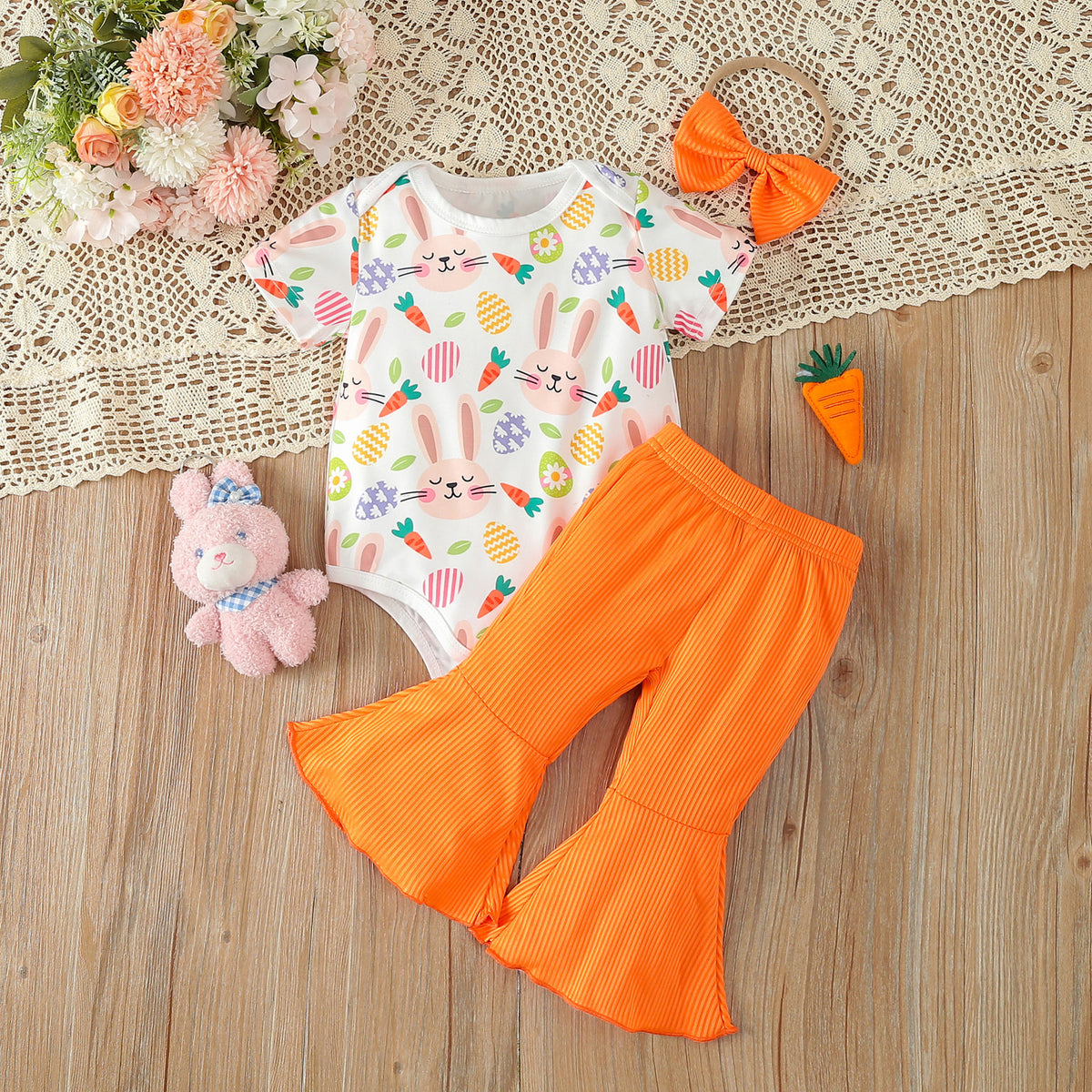2 Pieces Set Baby Girls Animals Cartoon Rompers And Solid Color Pants Wholesale 24030139