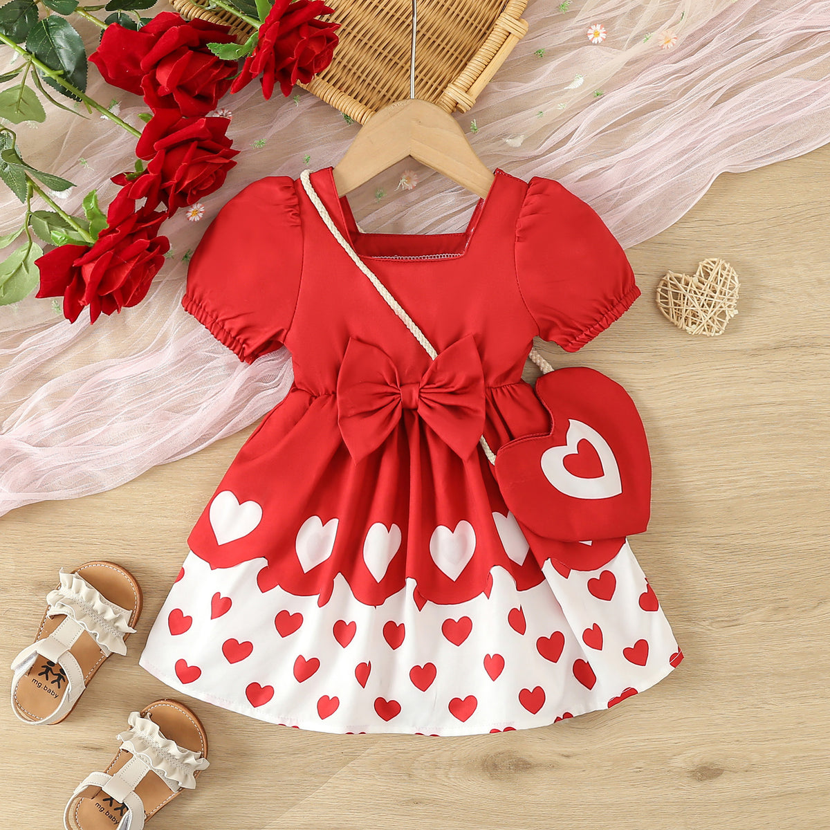 Baby Kid Girls Love heart Bow Print Valentine's Day Dresses Wholesale 24030149
