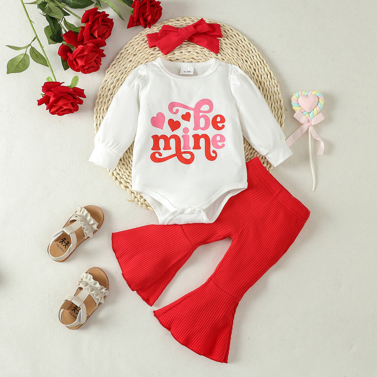 2 Pieces Set Baby Girls Valentine's Day Letters Print Tops And Solid Color Pants Wholesale 24030150