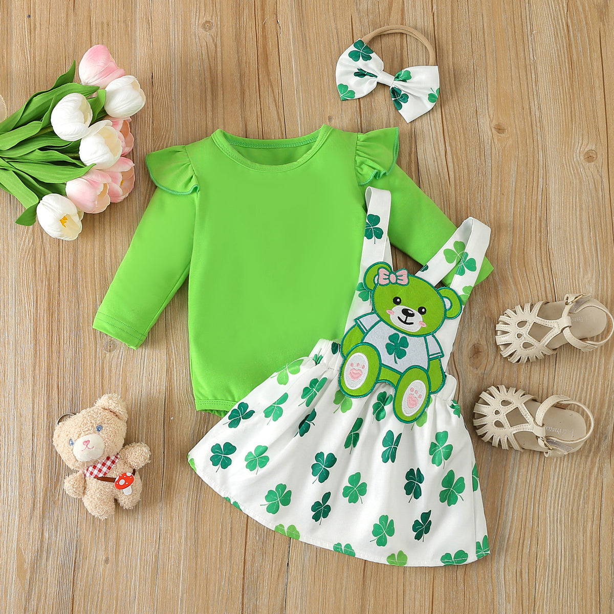 2 Pieces Set Baby Girls St Patrick's Day Solid Color Tops And Cartoon Dresses Wholesale 24030155